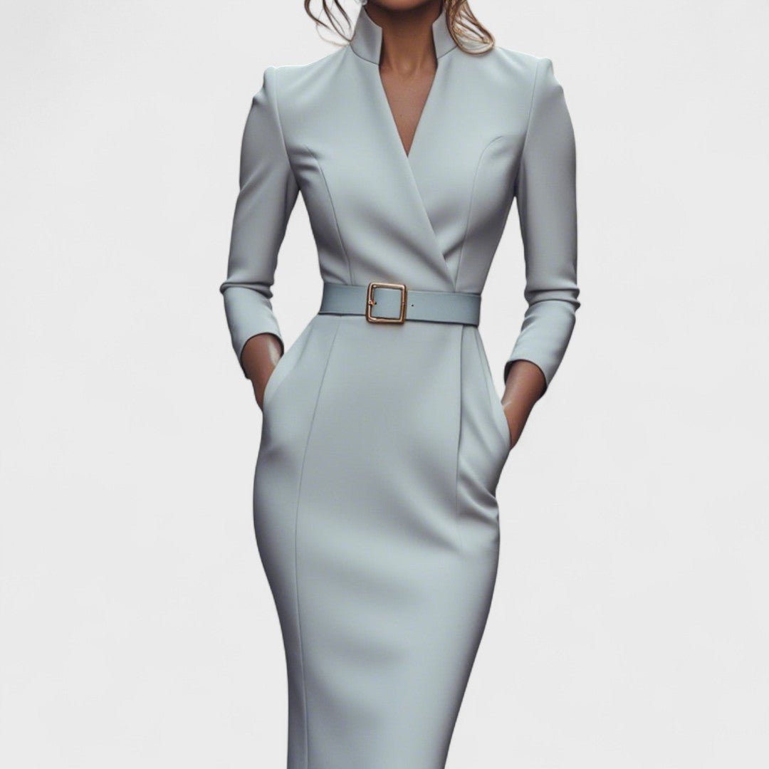 Refined black dress with belt and mandarin collar