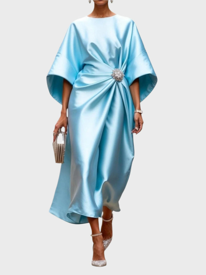 Satin Dress with Side Pleat and Decorative Buckle