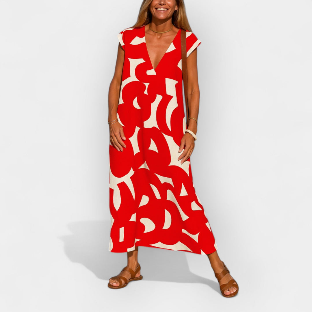 Airy Dress with V Neckline and Modern Design