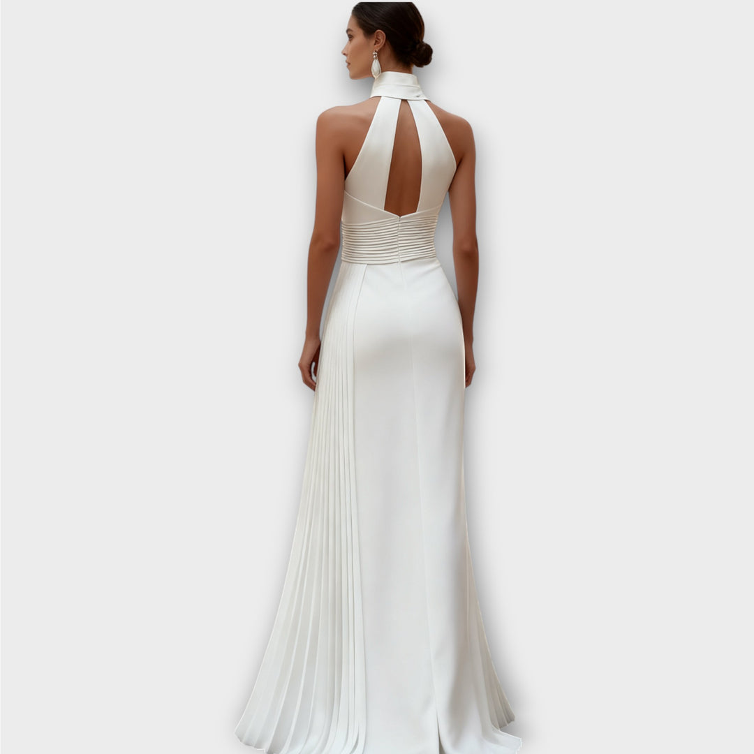 Elegant Satin Pleated Halter-Neck Evening Gown