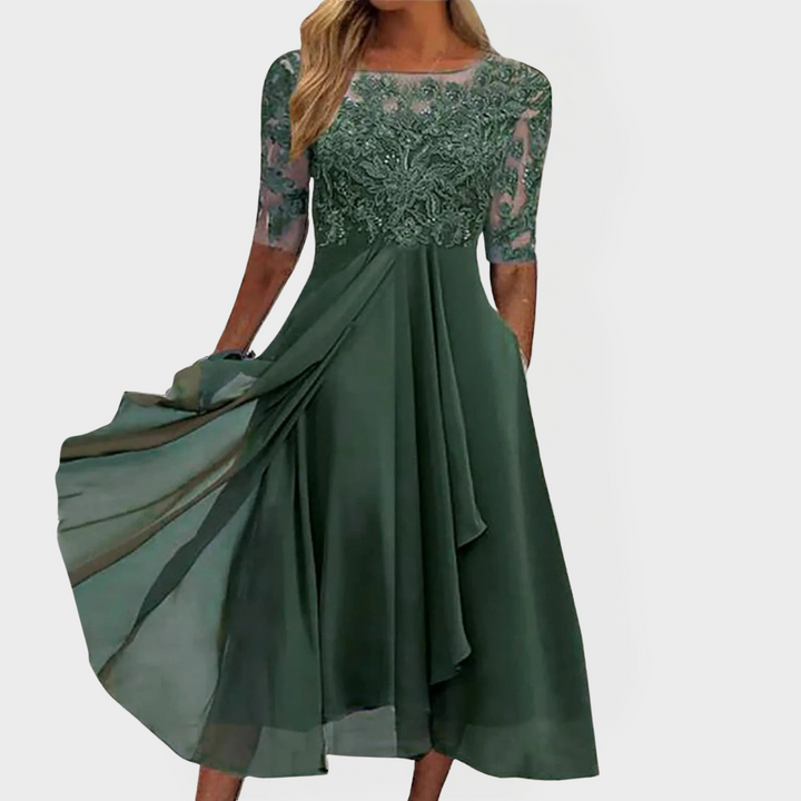 Embroidered Dress with Lace and Romantic Feel