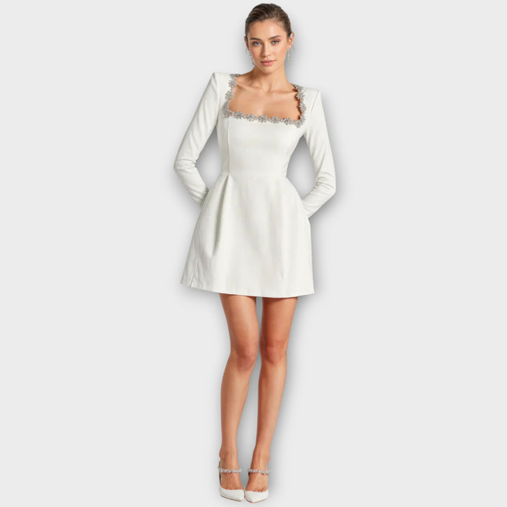 Crystal-Embellished Square Neck Mini Dress