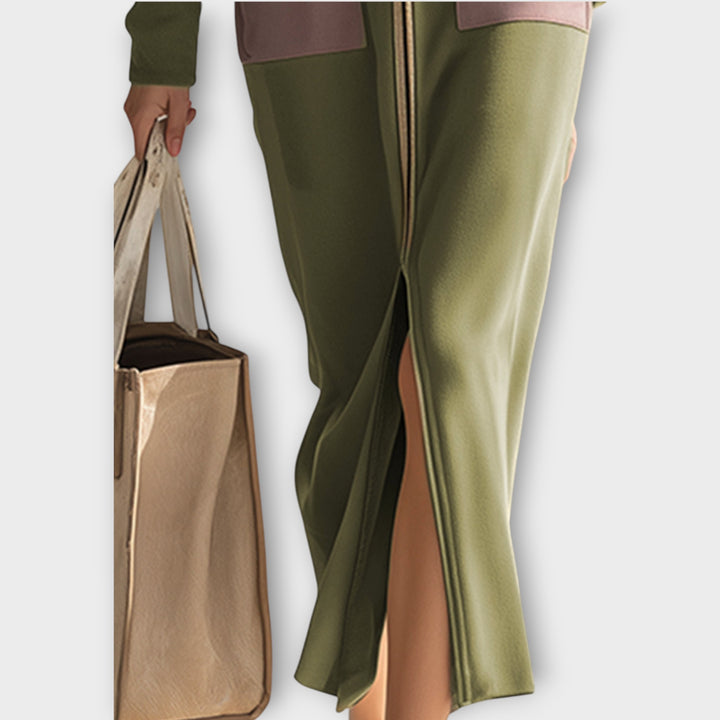 Zip-Up Maxi Dress with Contrast Pockets