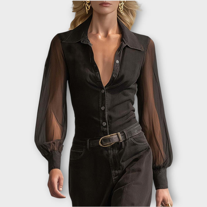 Sheer Sleeve Button-Front Maxi Dress