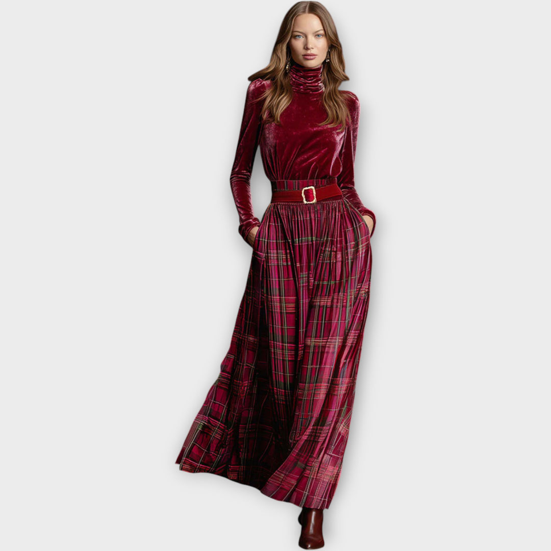 Velvet Turtleneck & Plaid Maxi Skirt Holiday Set