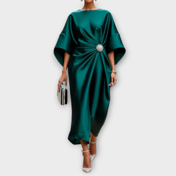 Elegant Satin Evening Gown with Embellished Waist Detail