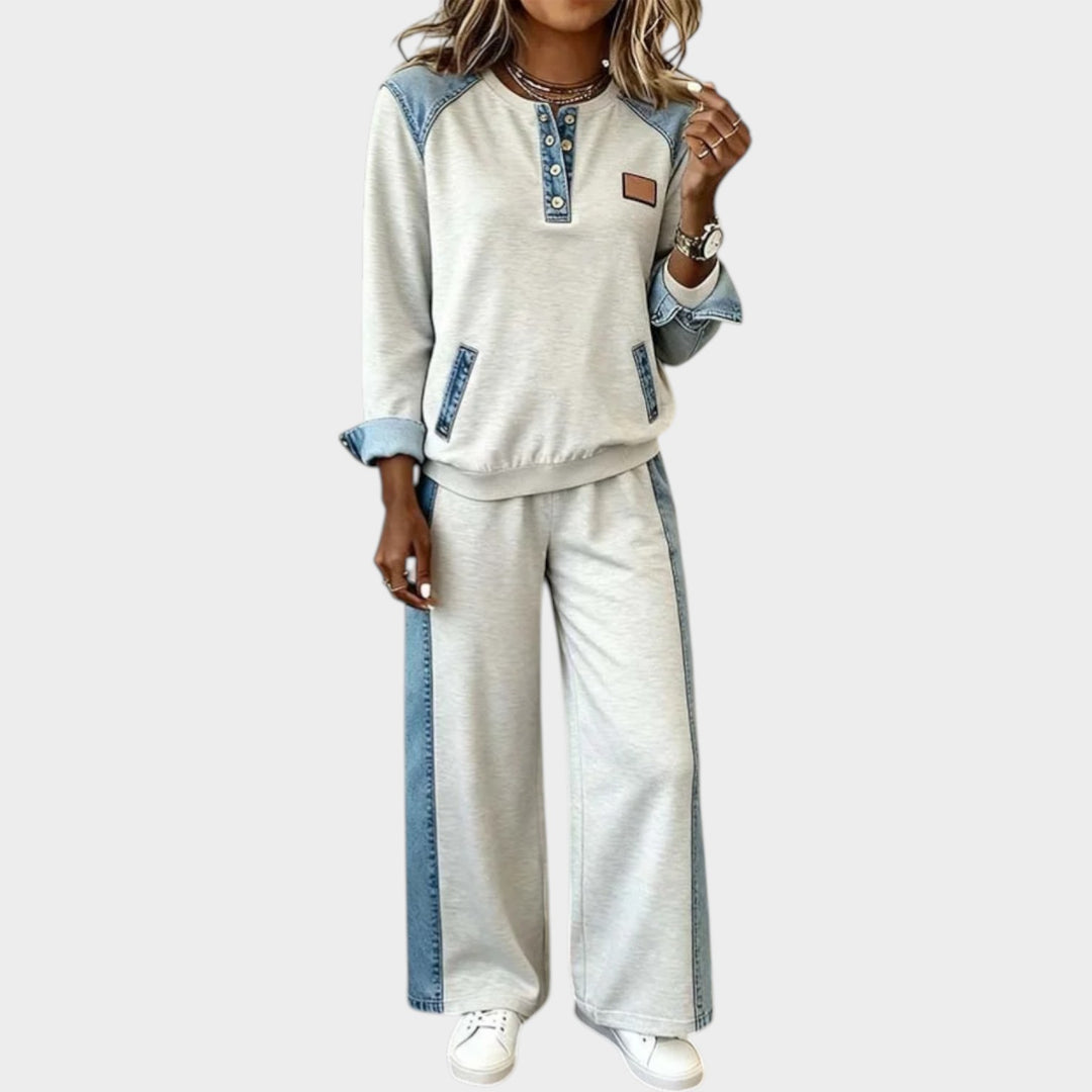 Casual Denim Trim Two-Piece Set