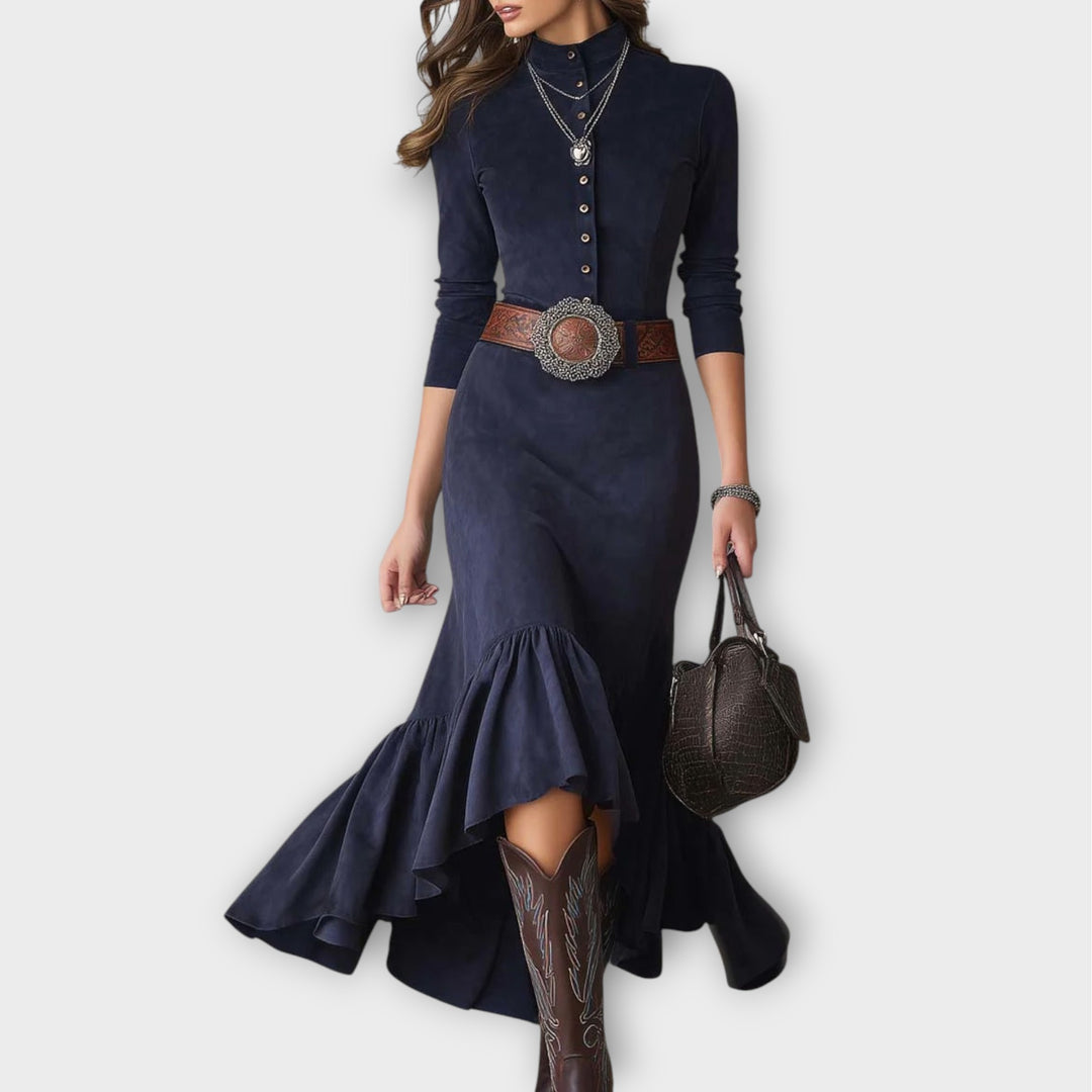 Western Ruffle-Hem Button Midi Dress