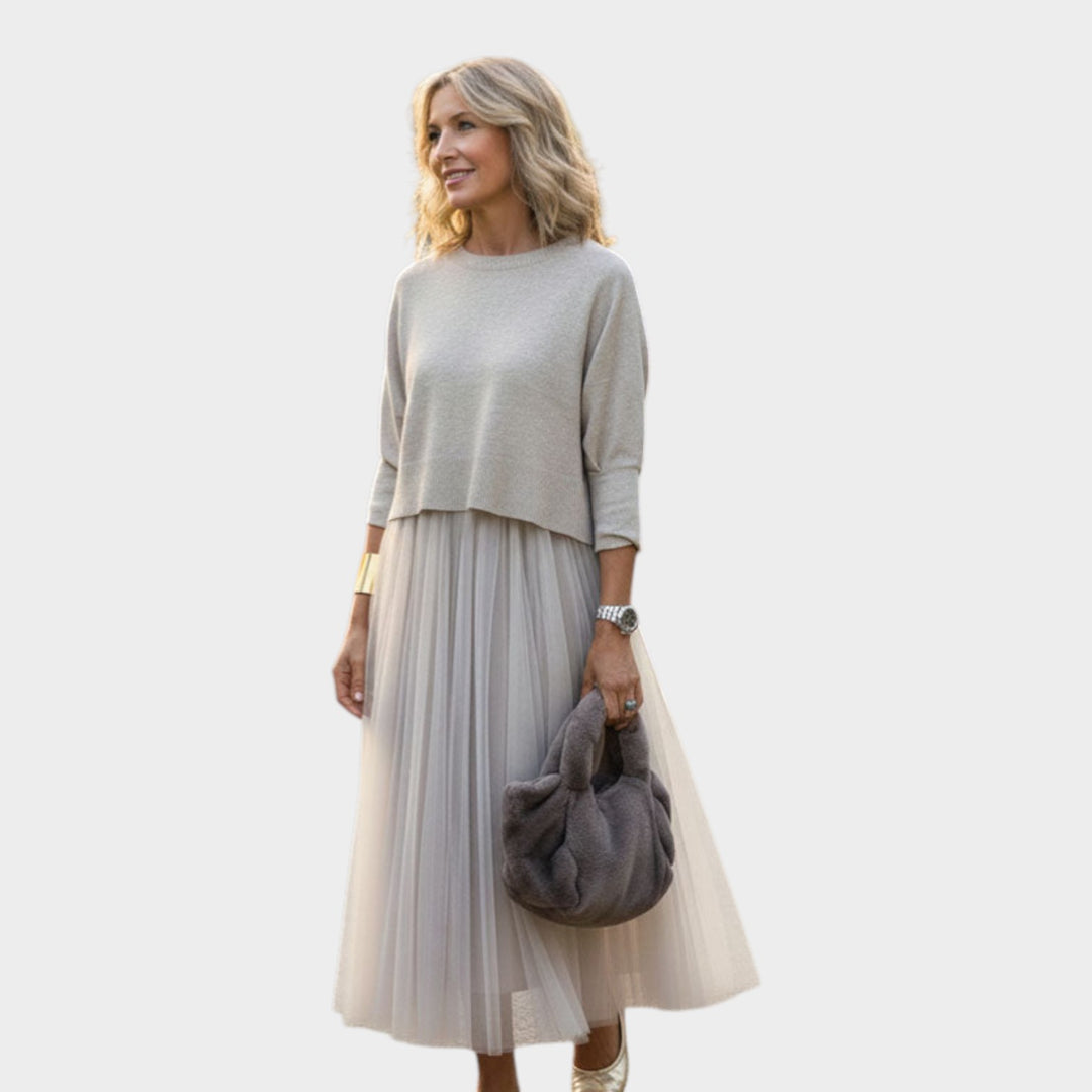 Elegant Layered Tulle Midi Dress Set
