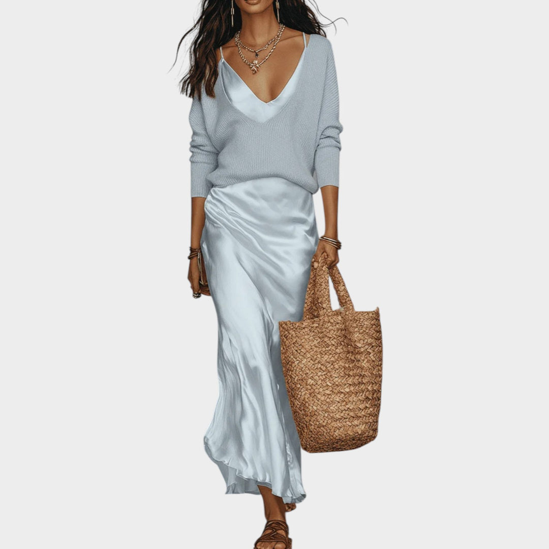 Sophisticated Knit and Satin Skirt Set