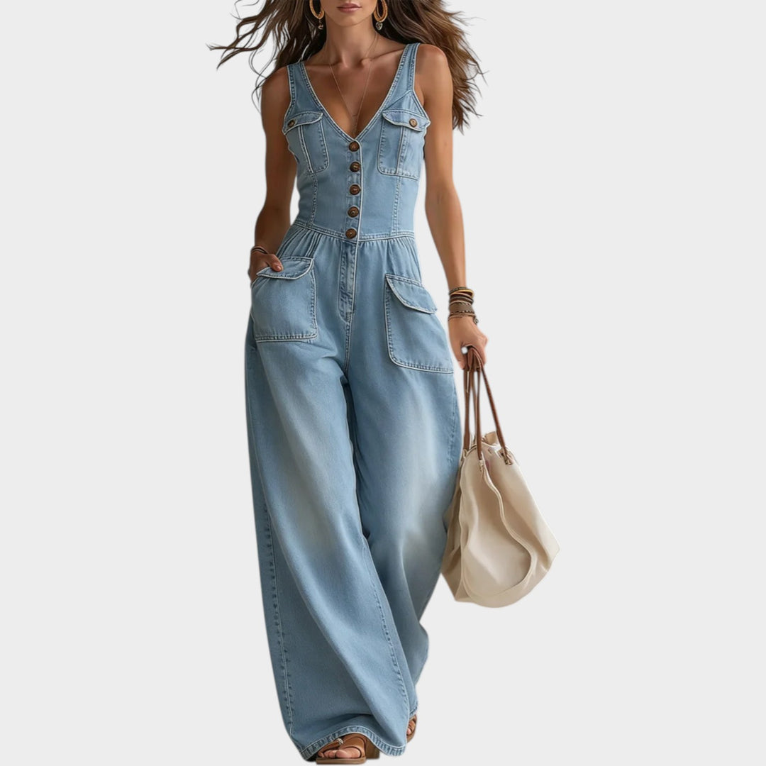 Retro Button-Up Denim Jumpsuit