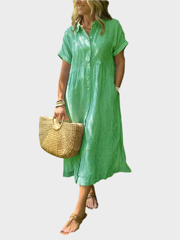 Striped Shirt Dress with Flaps, Buttons and Functional Pockets