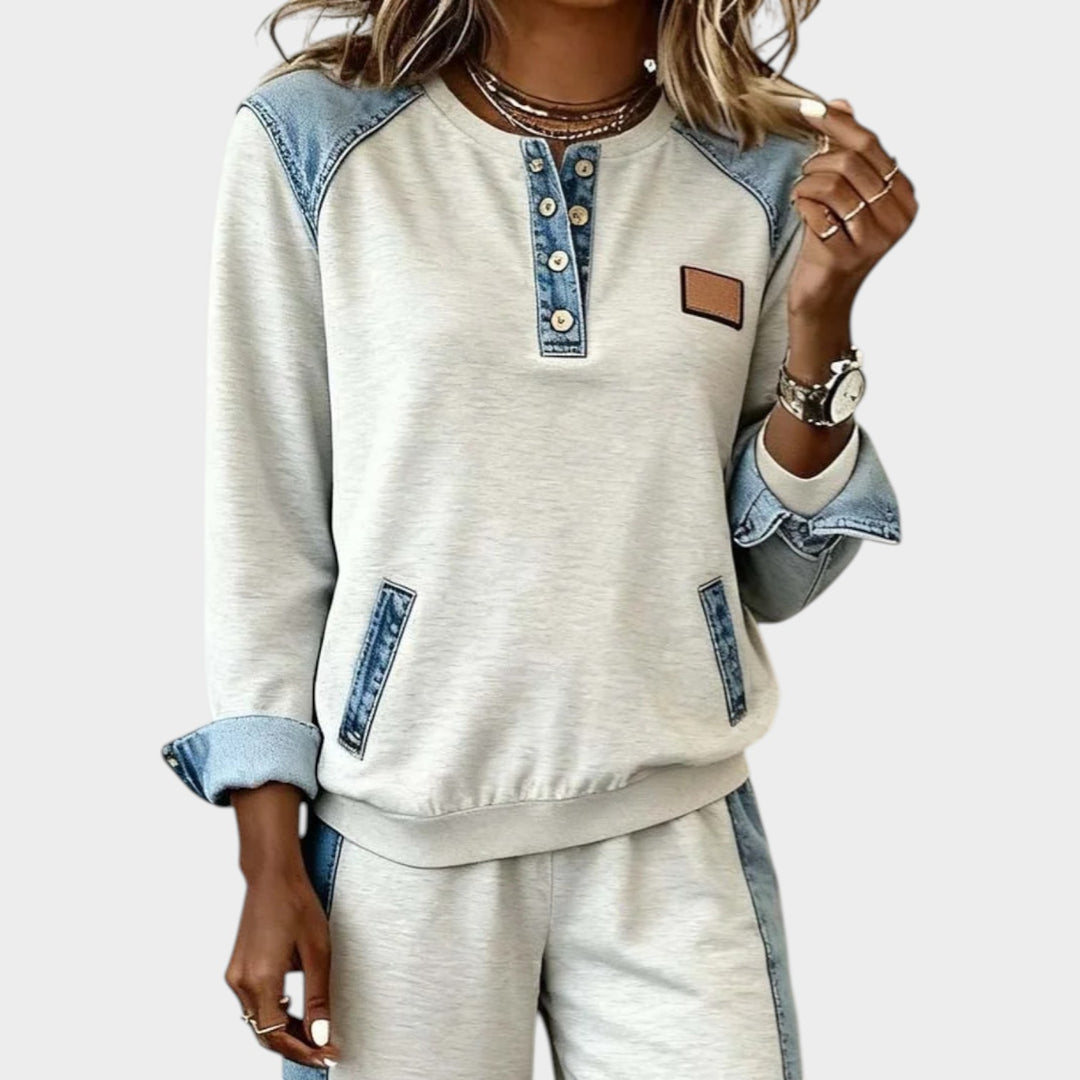 Casual Denim Trim Two-Piece Set