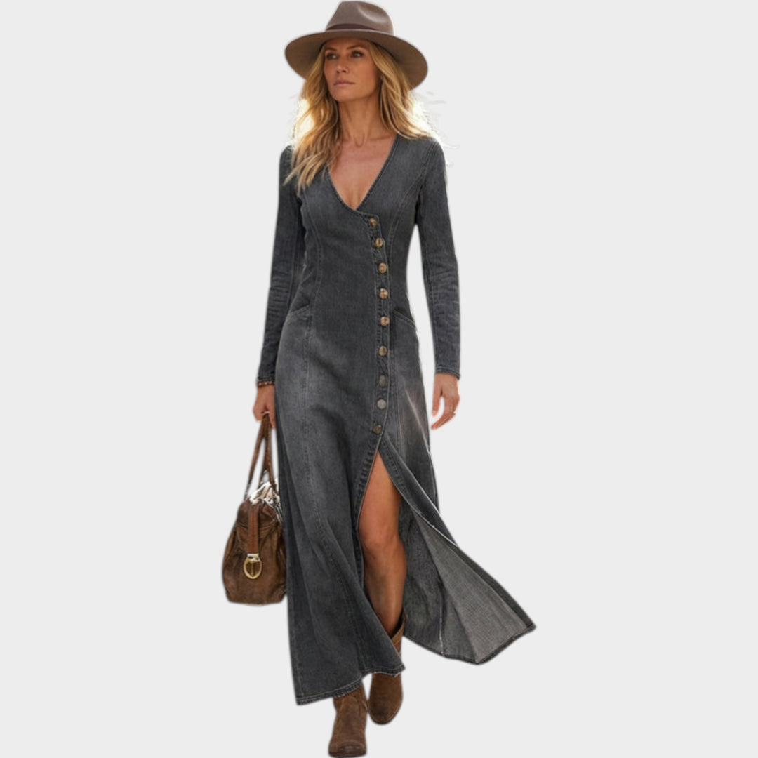 Classic Button-Down Denim Maxi Dress